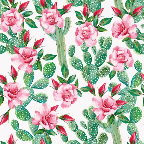 Vector Cactus Composición Inconsútil Flores Rosas Patrón Fresco Fondo Pantalla — Vector de stock