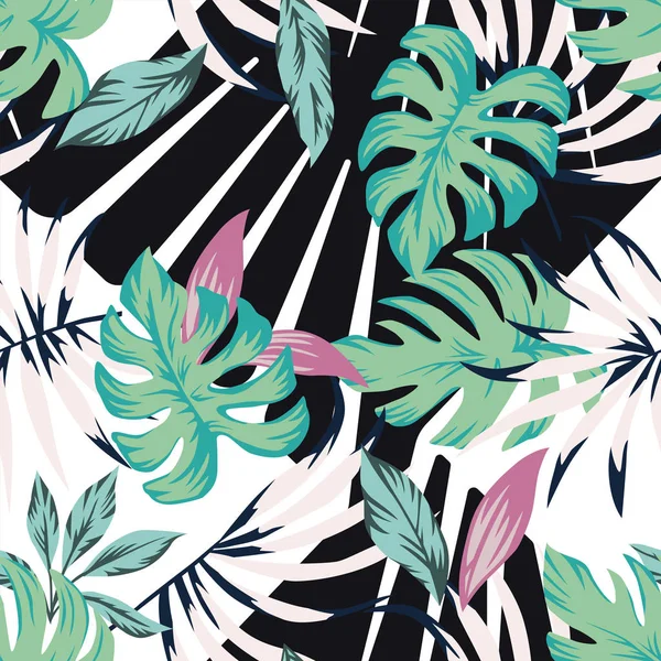Abstract Tropical Pattern Exotic Leaves Black White Seamless Vector Background — Stock Vector