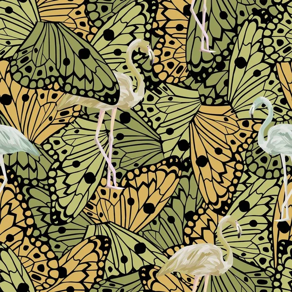 蝴蝶翅膀和抽象颜色的热带鸟类火烈鸟无缝向量图案 时尚的壁纸 — 图库矢量图片