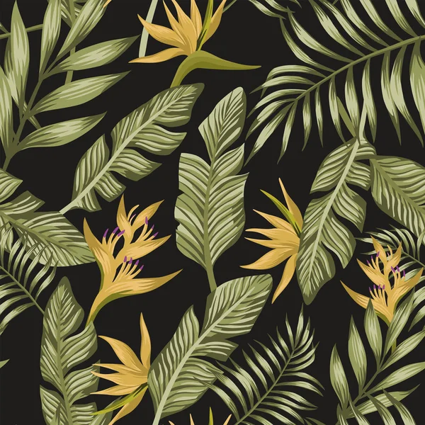 緑のエキゾチックなヤシ バナナの葉黄色の熱帯の花極楽鳥のシームレス パターン黒のベクトルの背景 — ストックベクタ