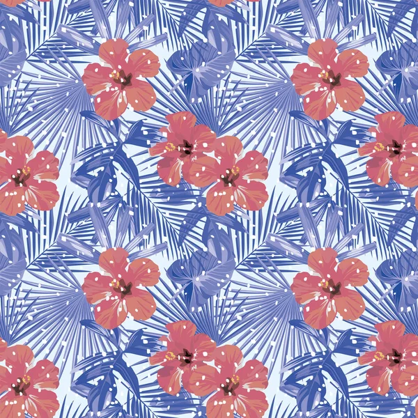 Navidad Tropical Invierno Rojo Hibisco Frío Azul Palma Hojas Patrón — Vector de stock