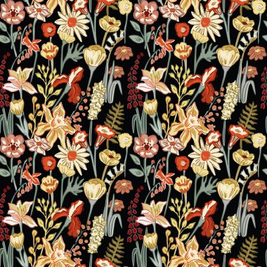 Çiçek ve bitki bahar el çekilmiş. Siyah arka plan üzerine yaz kompozisyon düz stil seamless modeli