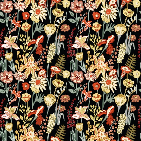 Весной Нарисовал Цветы Растения Летняя Композиция Плоский Стиль Бесшовный Узор — стоковый вектор