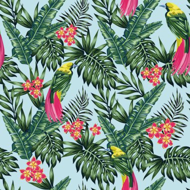 Egzotik tropik kuş orman, çiçekler frangipani (plumeria) ve yeşil mavi arka plan bırakır. Vektör seamless modeli