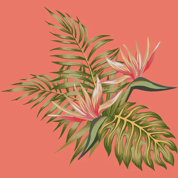 Flores Tropicales Pájaro Del Paraíso Strelizia Hojas Palma Composición Exótica — Vector de stock