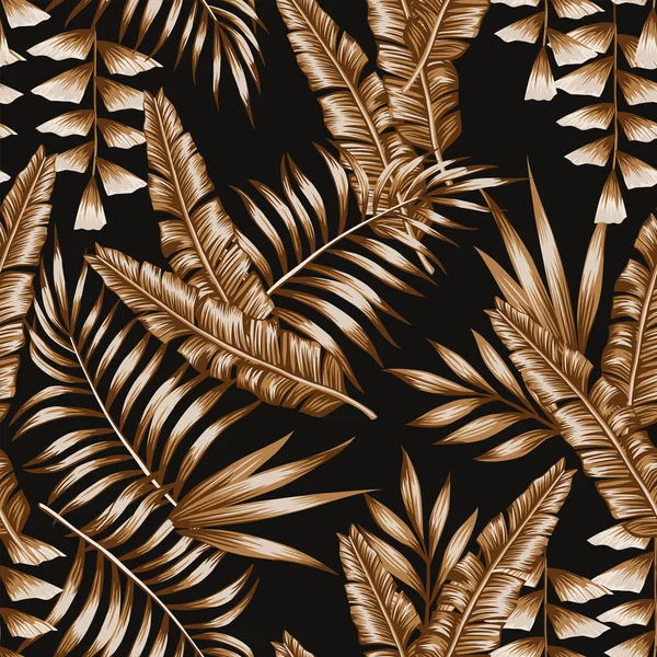 Tropical abstract color brown leaves seamless pattern black background