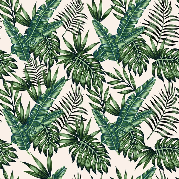 Exóticas Hojas Palmeras Tropicales Fondo Beige Monstera Vector Sin Costura — Vector de stock