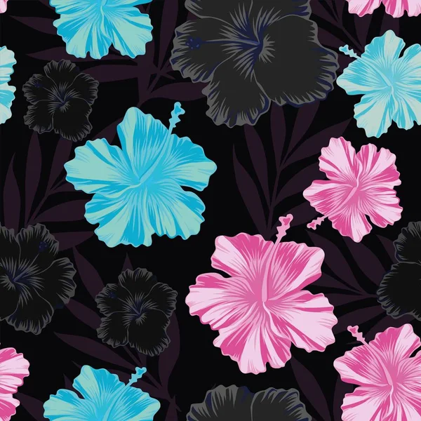 Modèle Vectoriel Floral Style Abstrait Foncé Fleurs Hibiscus Rose Bleu — Image vectorielle