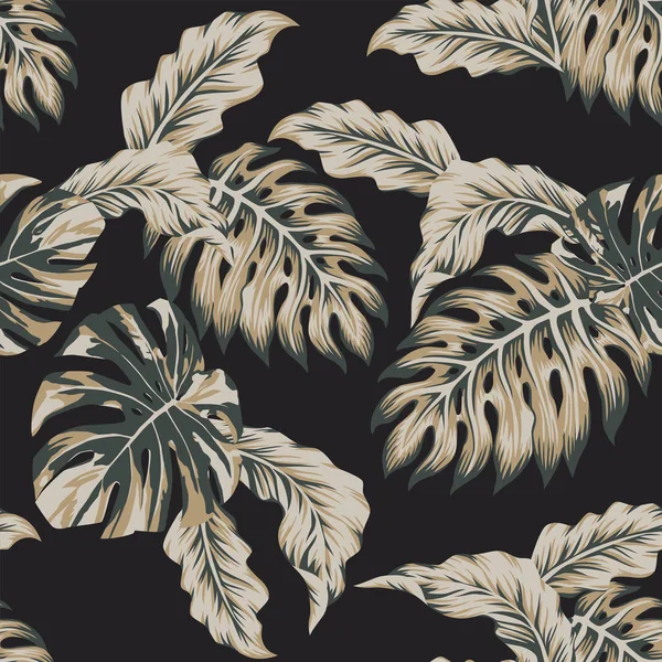 Экзотические Тропические Джунгли Листья Бесшовные Черный Фон Векторный Модный Шаблон — стоковый вектор