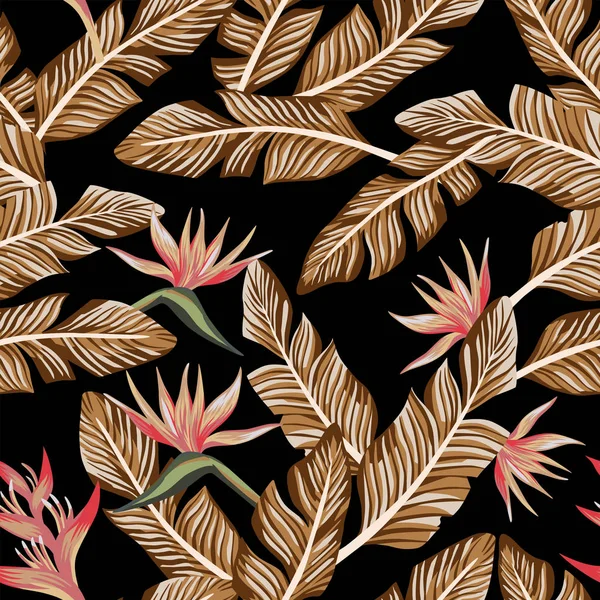 Composición Vectorial Inconsútil Hojas Plátano Tropical Flores Pájaro Del Paraíso — Archivo Imágenes Vectoriales