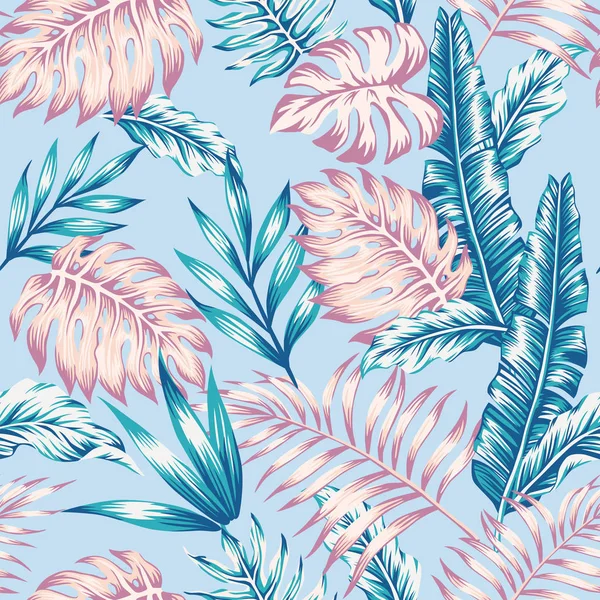 Spring floral seamless composition abstract color realistic tropical leaves blue background. Summer exotic pattern wallpaper