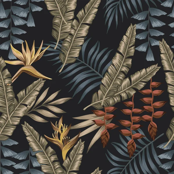 Selva Exótica Nocturna Con Flores Tropicales Doradas Pájaro Del Paraíso — Vector de stock