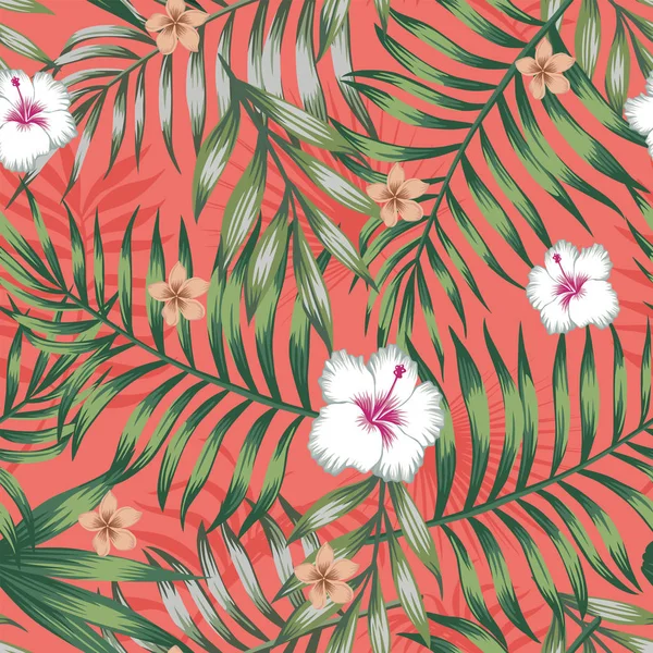 Sömlös Vektor Trendiga Färg Sammansättning Tropiska Löv Och Hibiskus Frangipani — Stock vektor