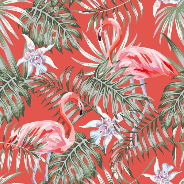 Uccello Tropicale Esotico Fenicottero Rosa Foglie Palma Fiori Trendy Vivente — Vettoriale Stock