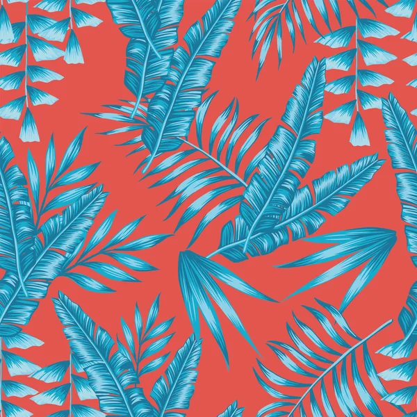 Composição Abstrata Azul Tropical Palma Folhas Sem Costura Coral Vivo — Vetor de Stock