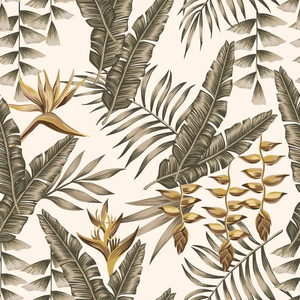 Gold flowers bird of paradise, brown tropical leaves seamless vector pattern white background