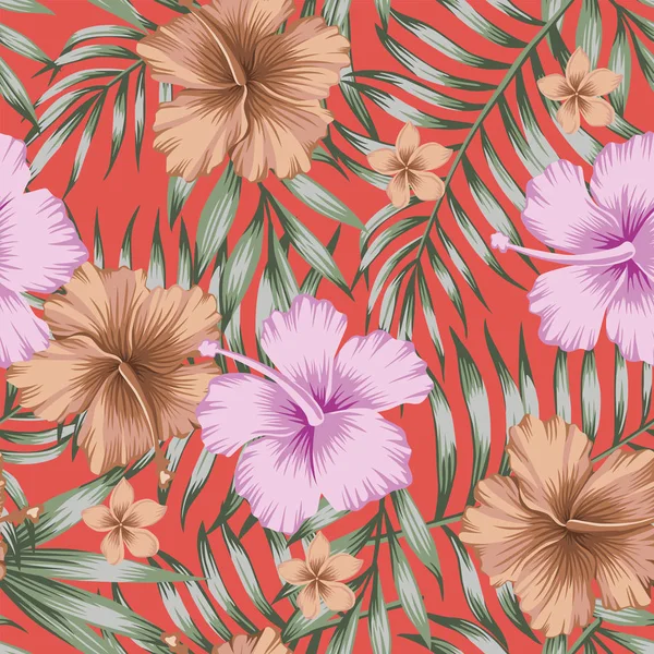 Фіолетові Коричневі Тропічні Квіти Гібіскус Франгіпані Плюмерія Зелена Пальма Листя — стоковий вектор