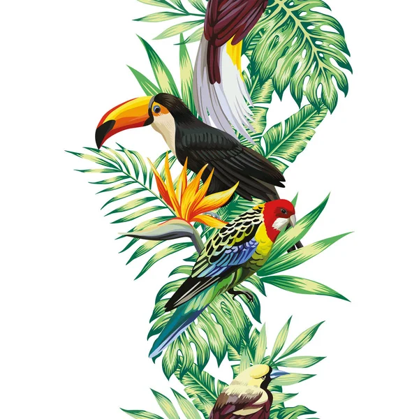 Trópusi Reális Madár Papagáj Tukánmadár Zöld Levelek Tüzes Virágok Paradicsommadár — Stock Vector