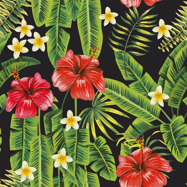 Φύλλα Μπανάνας Πράσινος Και Κόκκινος Ιβίσκος Λουλούδια Λευκά Πλουμέρια Frangipani — Διανυσματικό Αρχείο