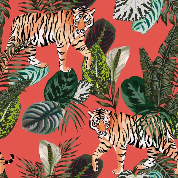 Naadloze Vector Samenstelling Realistische Tijger Tropische Jungle Trendy Wonen Koraal — Stockvector