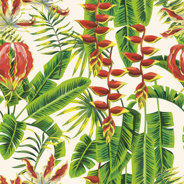 Groene Bananenbladeren Rode Tropische Gloriosa Bloemen Naadloze Patroon Witte Achtergrond — Stockvector