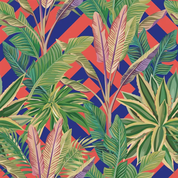 异国情调逼真的热带绿色香蕉叶和仙人掌无缝载体模式 抽象时尚活珊瑚蓝色背景 — 图库矢量图片