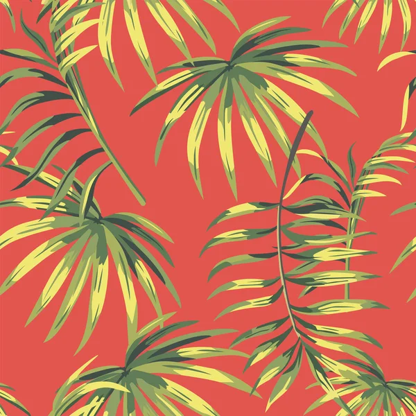 Composition Botanique Transparente Feuilles Tropicales Vertes Sur Fond Corail Vivant — Image vectorielle