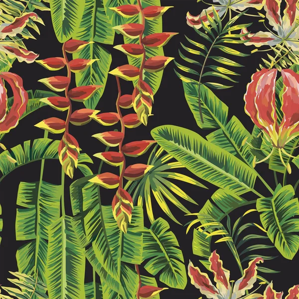 Composición Tropical Exótica Hojas Plátano Verde Flores Rojas Patrón Vectores — Vector de stock
