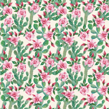 El çizilmiş küçük pembe güller ve beyaz zemin üzerine yeşil kaktüs seamless modeli