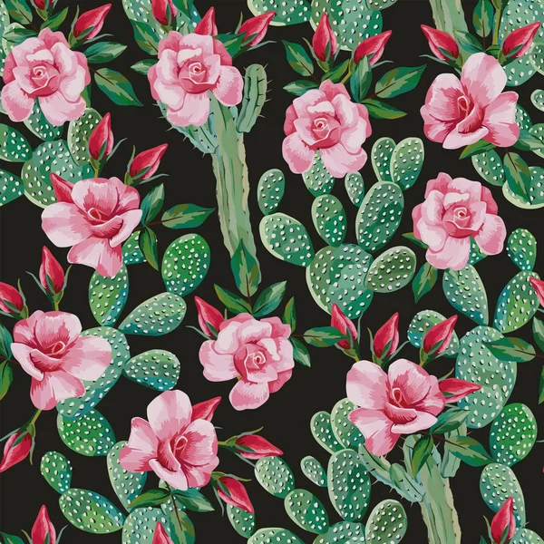 Roses Cactus Motif Sans Couture Sur Fond Noir — Image vectorielle