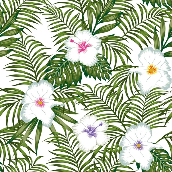 Exotische Naadloze Tropische Patroon Met Witte Schoonheid Bloemen Hibiscus Groene — Stockvector