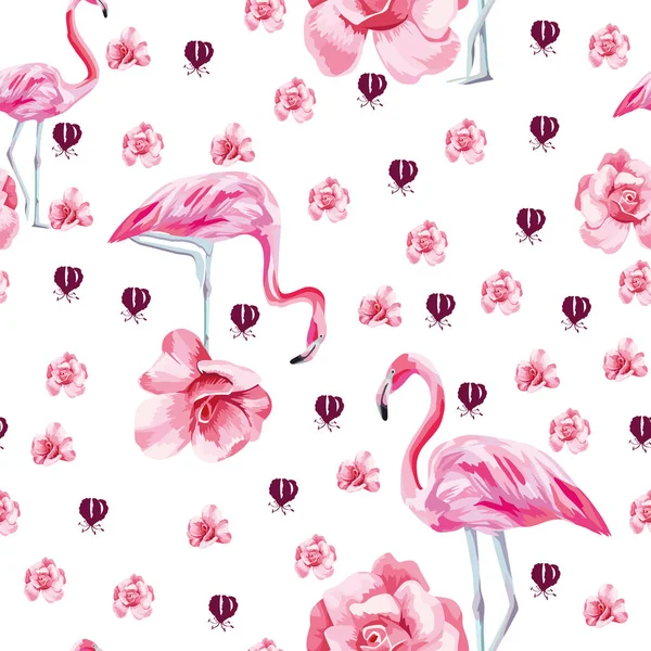 Very Beautiful Vector Tropical Bird Pink Flamingo Rose Roses Seamless — Stock Vector