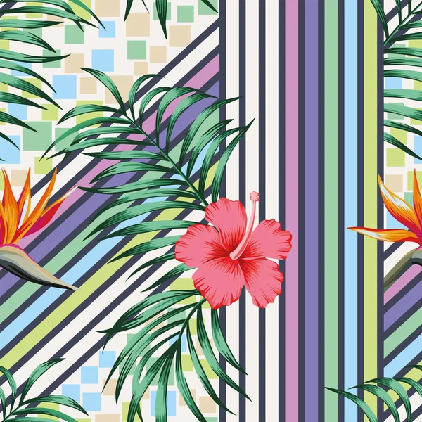 Tropical Palm Leaves Hibiscus Flowers Bird Paradise Abstract Line Square — Stockvector