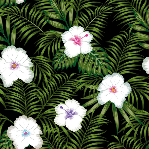 Beyaz hibiscus çiçek ve yeşil tropikal yaprak sorunsuz vektör desen siyah arka plan üzerine