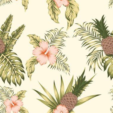 Trendy tropikal botanik sorunsuz vektör desen egzotik modaya uygun bir tasarım hibiscus çiçek, muz yaprakları ve ananas bej renkli arka plan üzerinde