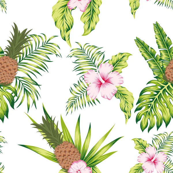 Trendige Tropische Botanische Nahtlose Vektormuster Exotische Trendige Design Hibiskusblüten Bananenblätter — Stockvektor