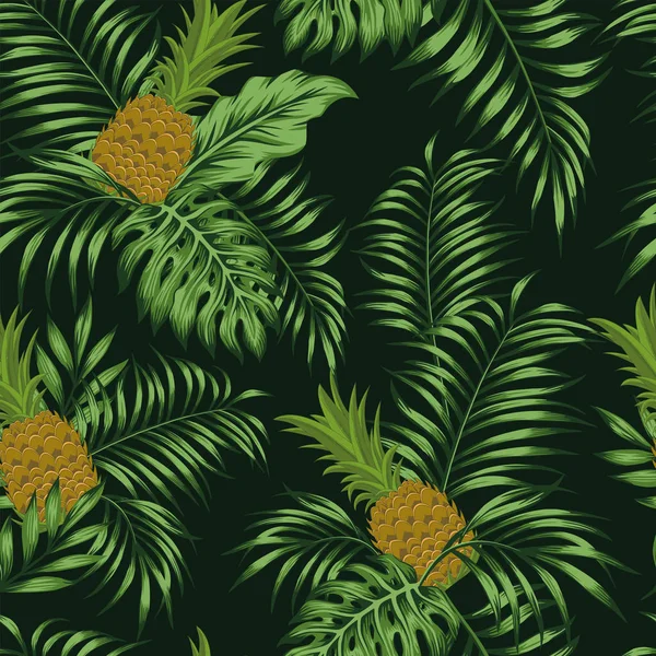 新鲜水果棕色菠萝和绿色热带棕榈叶无缝图案上的黑色背景 异国情调的矢量壁纸 — 图库矢量图片