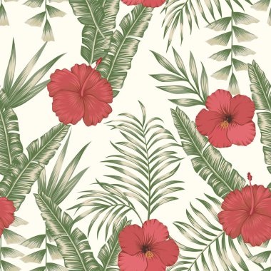 Tropik çiçekler kırmızı ve beyaz hibiscus yeşil palmiye muz üzerinde sorunsuz vektör desen bırakır. Egzotik botanik arka plan