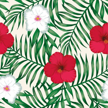 Tropik çiçekler kırmızı ve beyaz hibiscus yeşil palmiye muz üzerinde sorunsuz vektör desen bırakır. Egzotik botanik arka plan