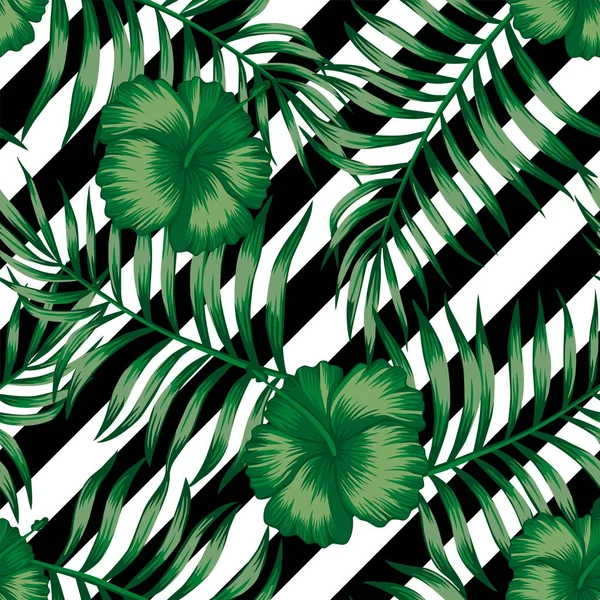Beautiful flowers tropical abstract color hibiscus and green palm leaves seamless vector pattern on a background of geometric diagonal black and white lines
