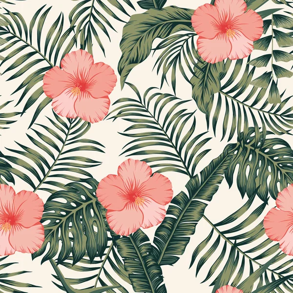 Tropik Çiçekler Kırmızı Beyaz Hibiscus Yeşil Palmiye Muz Üzerinde Sorunsuz — Stok Vektör