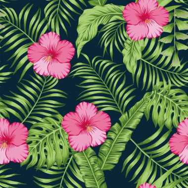 Tropikal yeşil palmiye muz yaprakları ve koyu mavi arka plan üzerinde pembe hibiscus çiçek sorunsuz vektör şekli. Trendy botanik örtüşen arka plan