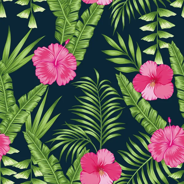热带绿色棕榈香蕉叶和粉红色芙蓉花无缝向量图案上的海军蓝色背景 时尚植物学重叠的背景 — 图库矢量图片