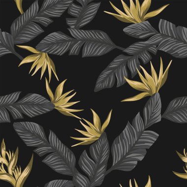 Seamless exotic composition from gray tropical banana leaves and gold flowers bird of paradise on the black background clipart