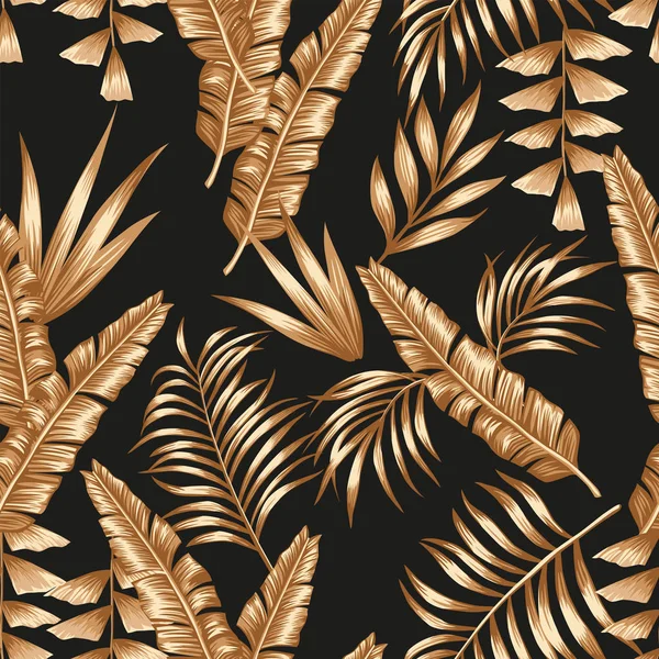 Tropische Palmenbananenblätter Von Goldener Farbe Nahtloses Vektormuster Auf Schwarzem Hintergrund — Stockvektor
