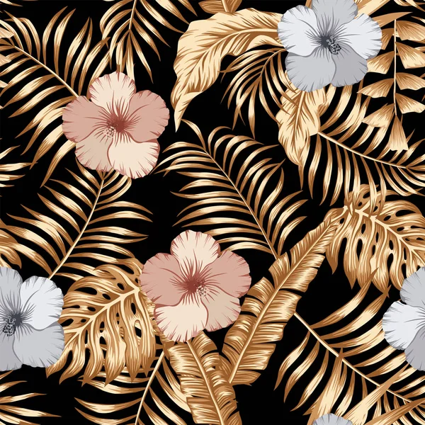 Золотые Тропические Листья Бронза Серебристые Цветы Гибискуса Бесшовный Векторный Узор — стоковый вектор