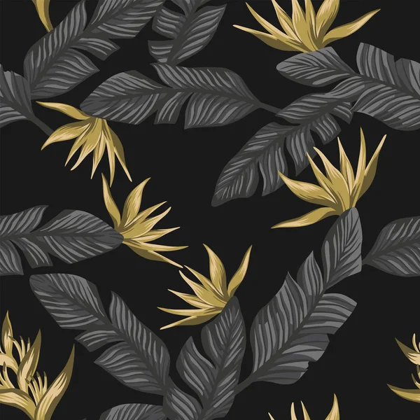 Бесшовная Экзотическая Композиция Серых Тропических Банановых Листьев Золотых Цветов Райской — стоковый вектор