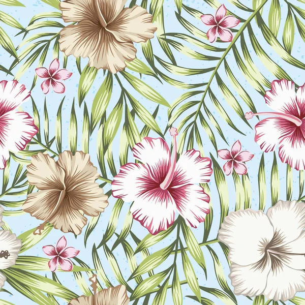Gröna Tropiska Palmblad Och Rosa Brun Hibiscus Exotiska Blommor Trendiga — Stock vektor