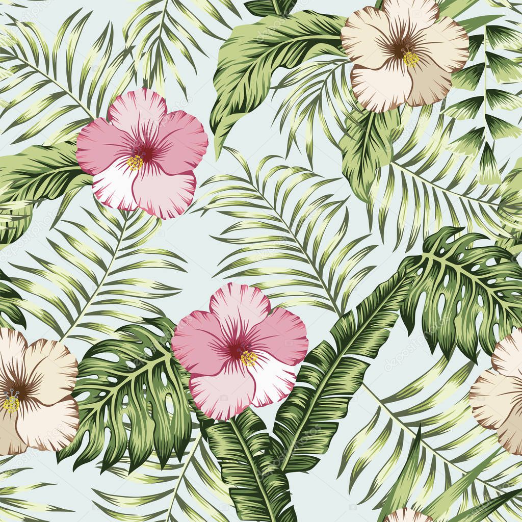 Green tropical banana palm leaves and pink, brown hibiscus seamless pattern on the white background. Realistic vector botanical composition