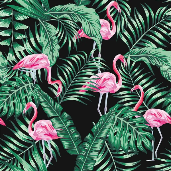 绿色热带棕榈香蕉叶和美丽的异国情调的鸟粉红色火烈鸟无缝向量样式在黑色背景 — 图库矢量图片